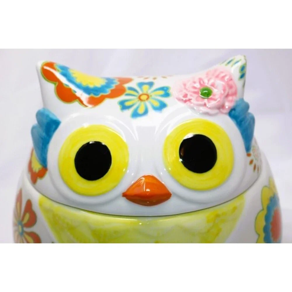 D/C'd Pier 1 Imports Owl Cookie Jar Hand Painted Stoneware 9.5